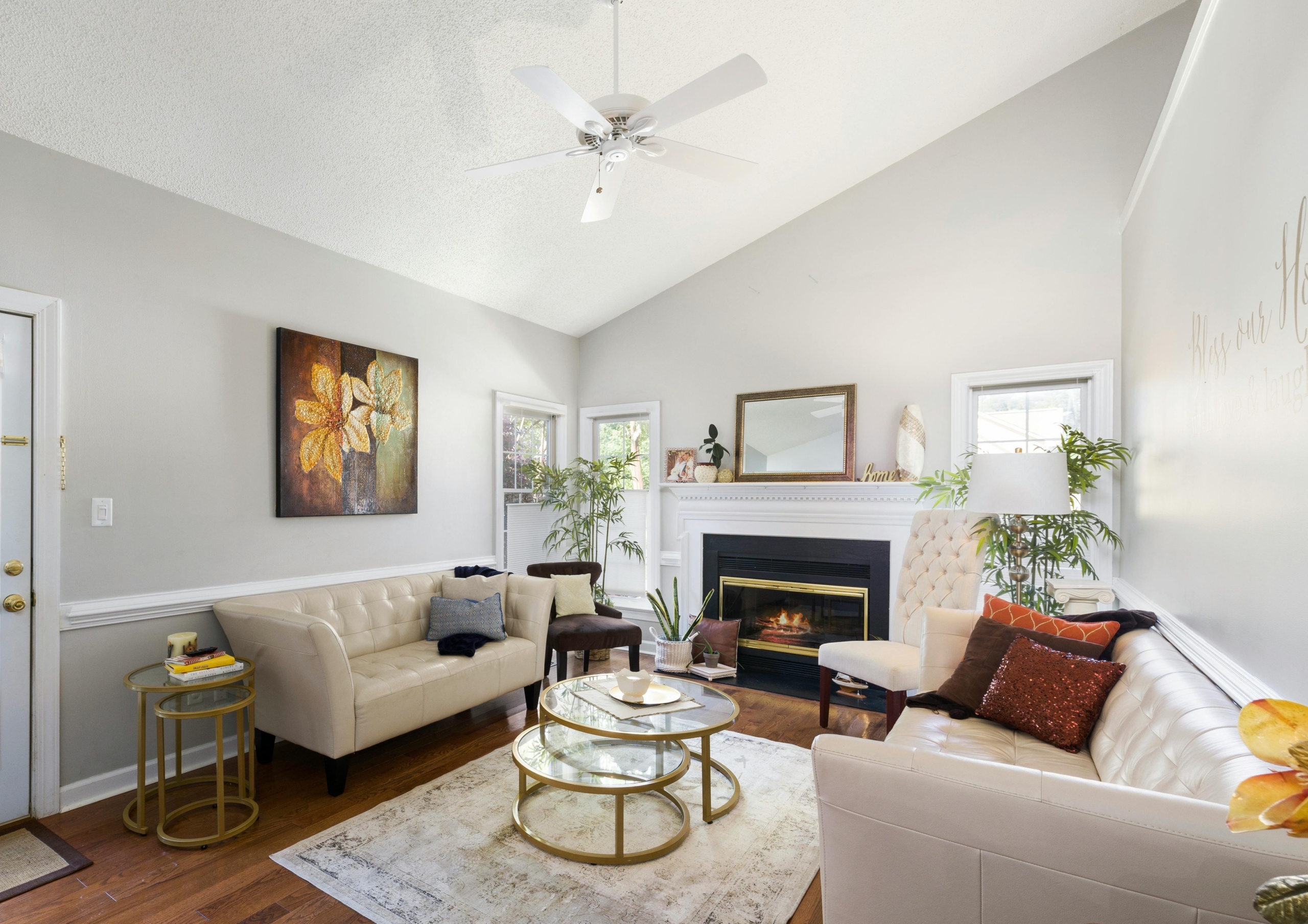 Extra Space for Holiday Guests Cozy, modern living room with fireplace.