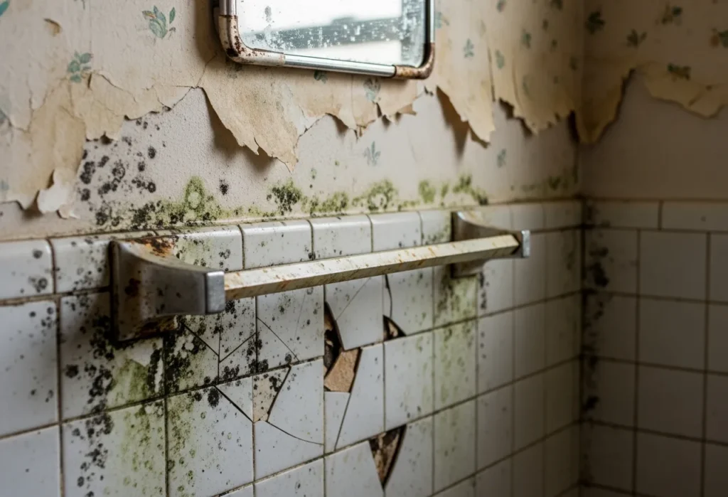 Moldy bathroom with peeling wallpaper.