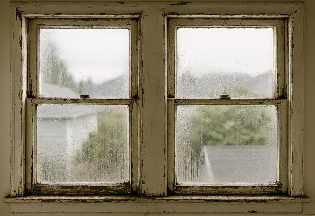 Foggy, worn windows with condensation.