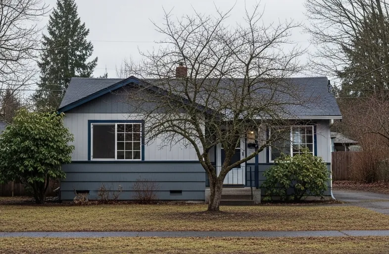 Single-story house with winter scenery.