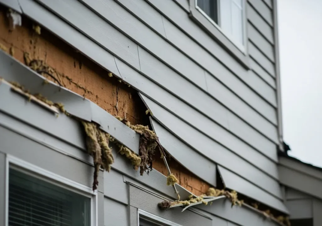 Torn siding revealing insulation underneath