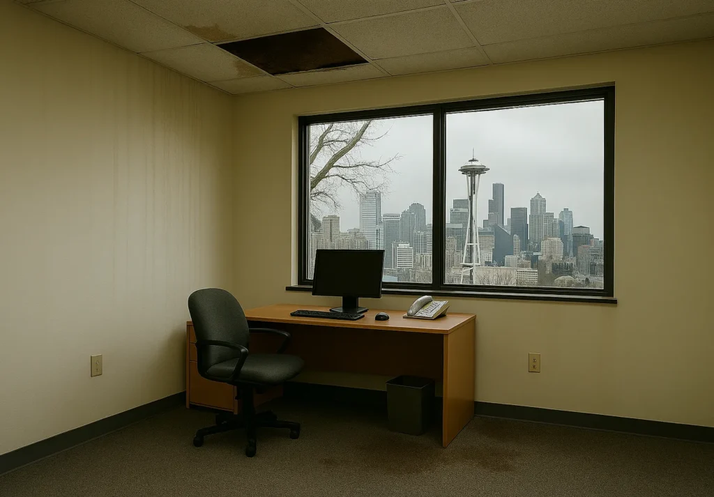 Empty office with Seattle skyline view.