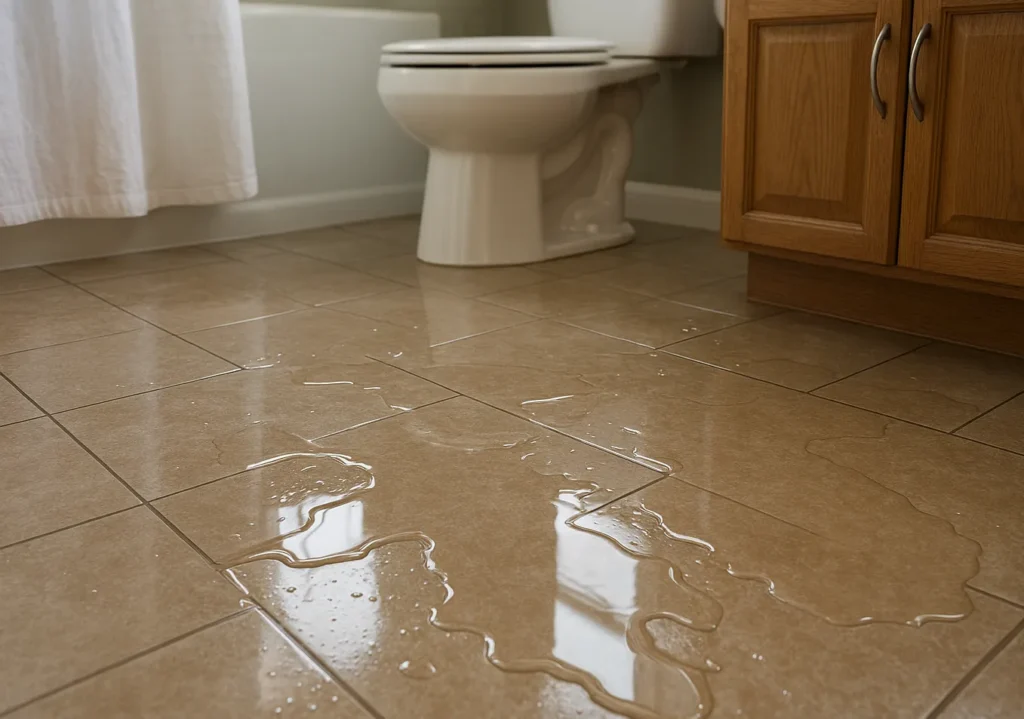 Wet floor in a bathroom setting.