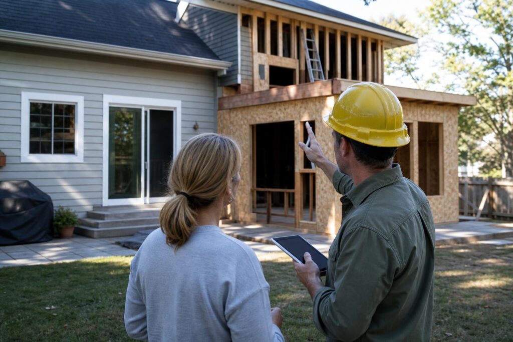 Contractor in a yellow hard hat points toward a two-story wood-frame home addition while discussing plans with a homeowner in a backyard.