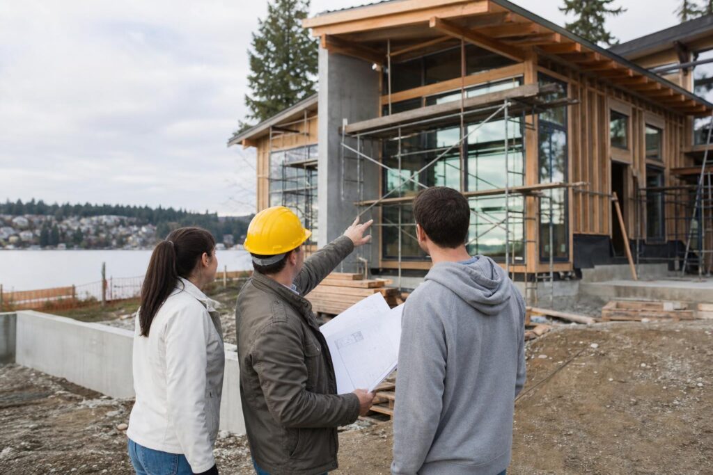 Contractor in a yellow hard hat holding blueprints and pointing at a modern wood-framed house under construction for a couple by a lake.