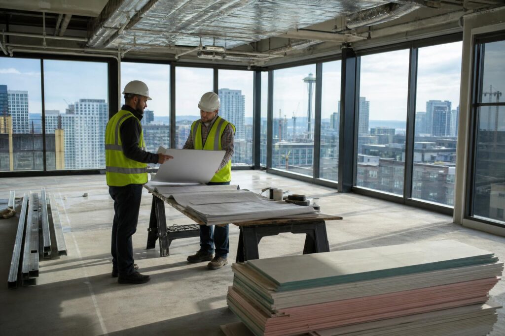 Two contractors in hard hats and safety vests review blueprints in a high-rise shell space overlooking the Seattle skyline and Space Needle.