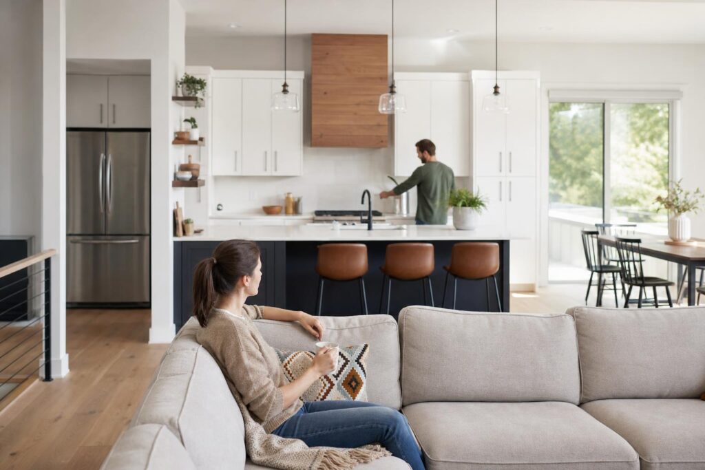 Modern open concept kitchen and living room with a woman on a beige sofa looking toward a man cooking at a dark blue island with leather stools.