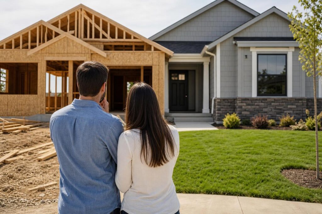Couple from behind looking at a house under construction next to a finished modern gray home with a green lawn.