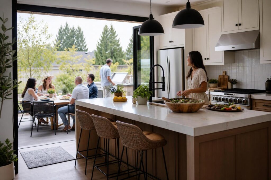 Modern kitchen with a marble island and folding glass doors that open to a patio where friends are dining and grilling outdoors.