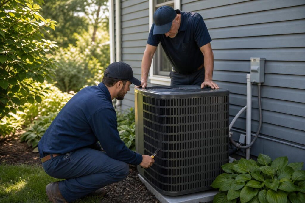 Two contractors in blue uniforms and caps inspect an outdoor air conditioning unit next to a house with grey siding on a sunny day.
