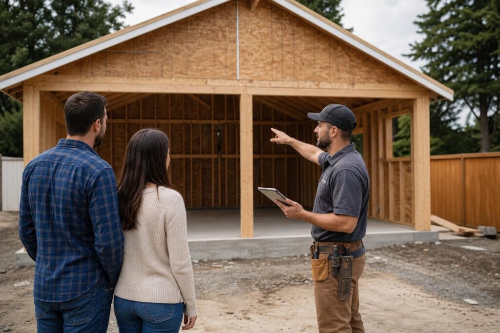 Contractor with a tablet pointing at the wooden frame of a new two-car garage while discussing the project with a young couple.
