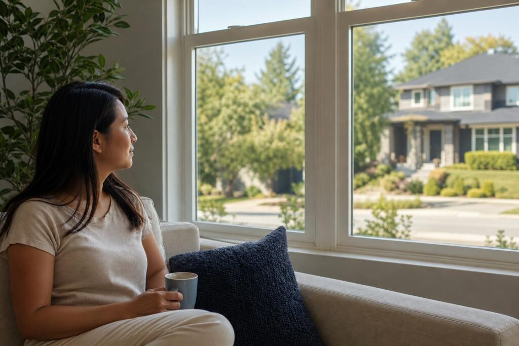 Woman sitting on a couch with a mug, looking out large, bright energy-efficient windows at a sunny suburban neighborhood with green trees.