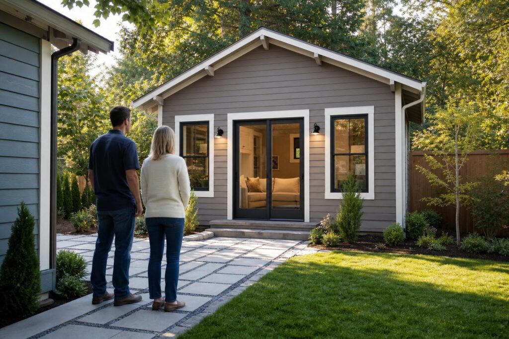 Couple viewing a modern grey backyard guest house with white trim, sliding glass doors, and a stone paver walkway.