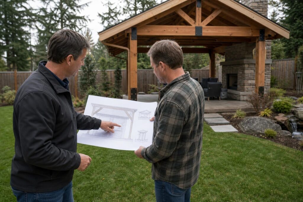 Two men standing on a green lawn review architectural sketches in front of a timber-frame backyard pavilion with a stone fireplace.
