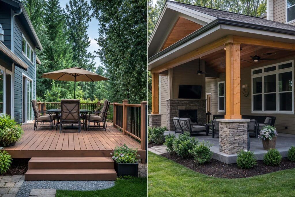 Side-by-side comparison of a raised wooden deck with patio furniture and a covered stone patio featuring a fireplace and outdoor living room.