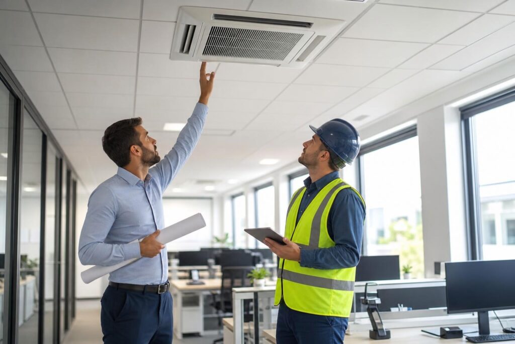 A general contractor in a safety vest and a businessman inspecting a ceiling-mounted HVAC unit in a modern, bright office space.