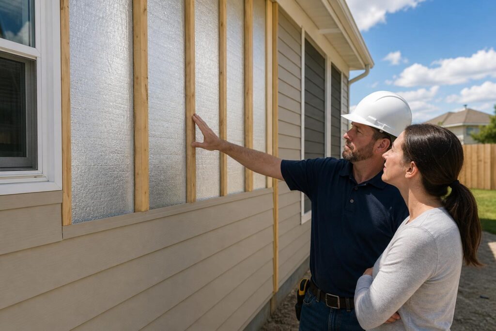 Contractor in a white hard hat showing a homeowner silver foil insulation panels being installed behind tan siding on a house.